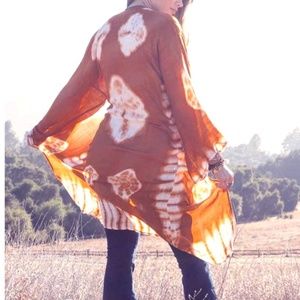 Tie Dye Boho Kimono Duster Rust Cream